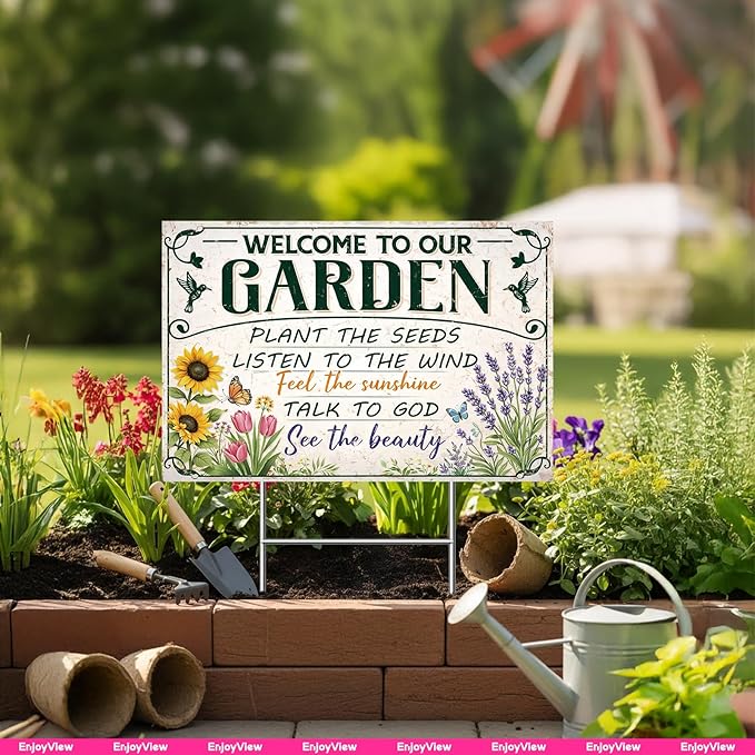 Funny Garden Sign with H Stake 18"x12" Big Vintage Sign for Outside Greenhouse Corrugated Plastic Yard Decor Gardening Gifts for Women " WELCOME TO OUR GARDEN"