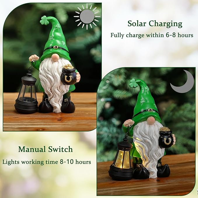 St. Patrick's Day Gnome for Outdoor Decor, Resin Garden Gnome Holding Lantern with Solar Lights, 4.7 * 3 * 6.7inch Solar Garden Statues for Outside, Leprechaun Figurine for Patio, Yard, Lawn