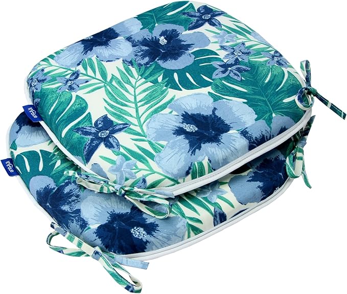 SleepMan Outdoor 17"x16" Chair Cushions with Ties Set of 2, Water Resistant All Weather U-Shape Seat Pads for Patio Garden Furniture Indoor (Set of 2, Blue Flowers)