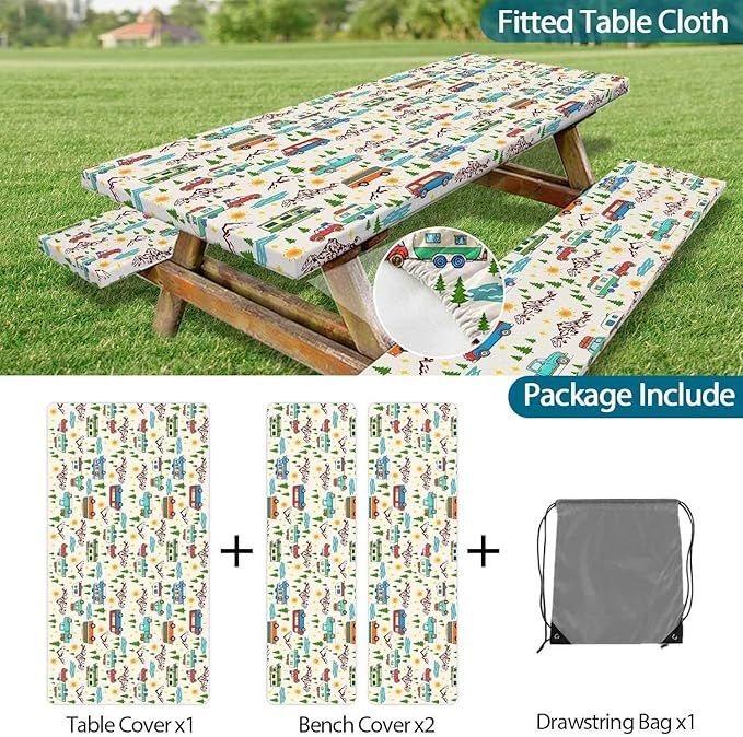 Picnic Table Cover with Bench Covers Reusable Table Cover for Camping with Elastic Outdoor Windproof Waterproof Fabric Rectangle Fitted Tablecloth and Seat Covers with Drawstring Bag, 72In 3PCS