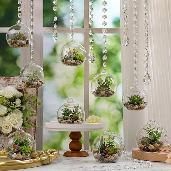 112 Pcs 3.15'' Hanging Glass Tealight Holder Globe with K9 Crystal Garland Strands,Teardrop Pendant Hanging Tealight Candle Holder Orbs Air Plant for Wedding Centerpiece Party Decor (Clear)