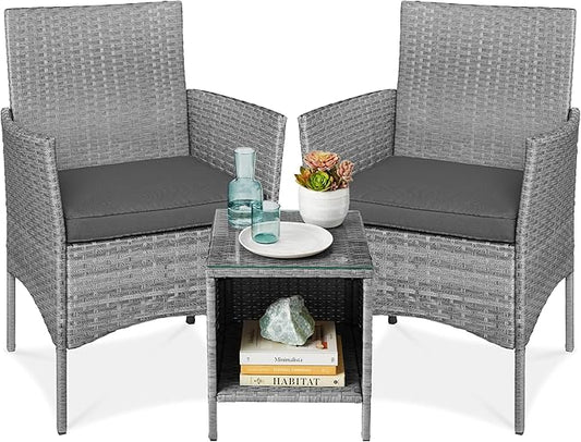 Best Choice Products 3-Piece Outdoor Wicker Conversation Bistro Set, Space Saving Patio Furniture for Garden w/Side Table - Gray/Gray