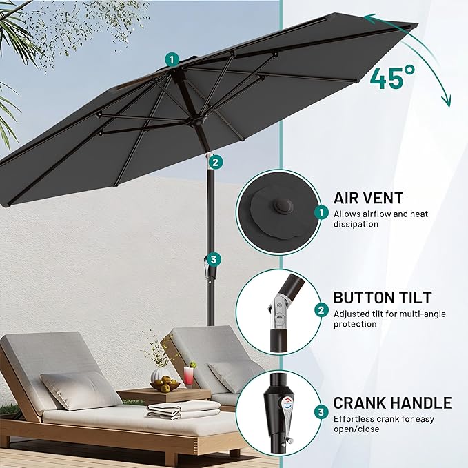 AreShark 9 FT Patio Umbrella for Outdoor, Outdoor Umbrella with Push Button Tilt and Crank, Outdoor Patio Umbrellas with 8 Sturdy Ribs for Market, Garden, Deck, Backyard, Pool (Charcoal Gray)