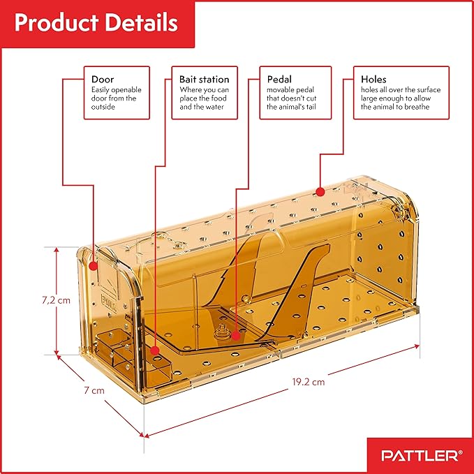 PATTLER® | New Large Humane Mouse Trap for Indoor and Outdoor Home | Mechanical Reusable Live Mouse Traps Catch and Release Mice from Garden, Garage, Attic, Inn, Hotel | Orange | Pack of 2