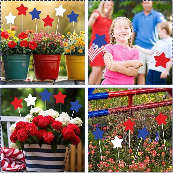 JarThenaAMCS 9Pcs Patriotic Star Metal Planter Stakes 4th of July Star Decorative Garden Stakes Red Blue White Yard Sign for Planter Pot Walkway Lawn Independence Day Decor