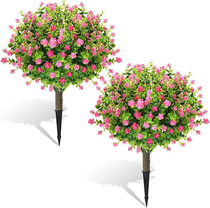Yunlly 2 Pcs Outdoor Artificial Topiary Ball Trees 22" with Colorful Flowers, Boxwood Fake Bushes Shrubs with Spike, UV Resistant Evergreen Plants for Front Porch Garden Decor (Light Pink)
