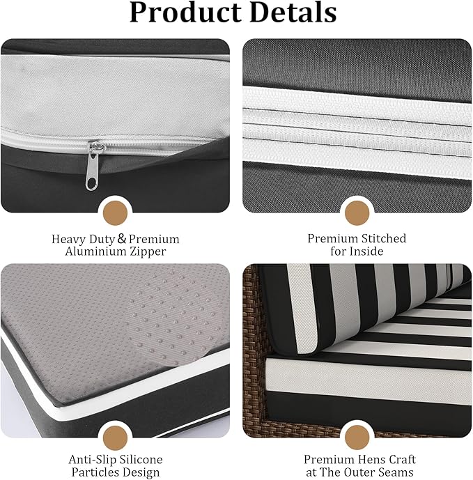 14 Pcs Outdoor Replacement Cushions for Patio Furniture, All Weather Water Resistant Cushion for 6 Seat Rattan Wicker Sectional Patio Conversation Sets and Couch (Blackstripe)