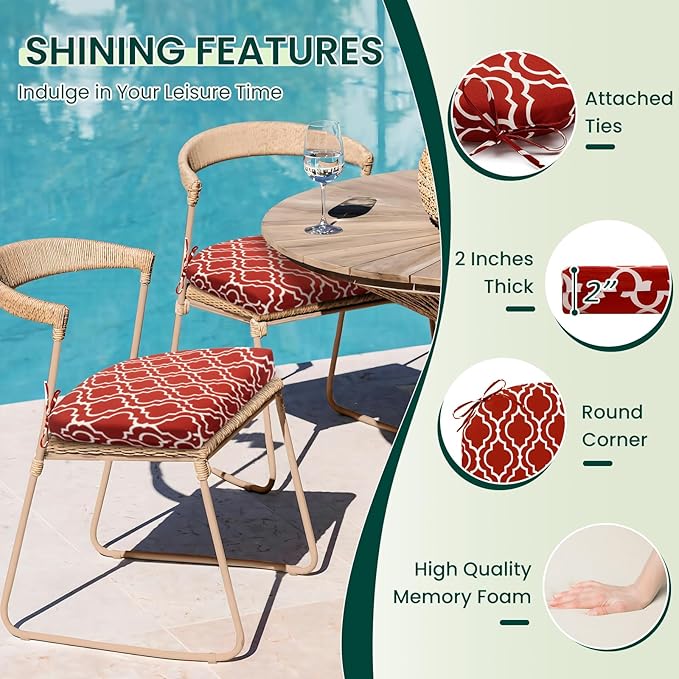 HARBOREST Outdoor Chair Cushions Set of 2, Water Resistant Patio Chair Cushions with Ties, Outdoor Seat Cushions for Patio Furniture, 17"x16"x2", Wine Red Geometry