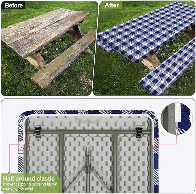 Picnic Table Cover with Bench Covers Camping Essentials Waterproof Windproof Camping Tablecloth with Drawstring Bag, Fitted Rectangle Tables and Seats, 60in, Blue Checkered