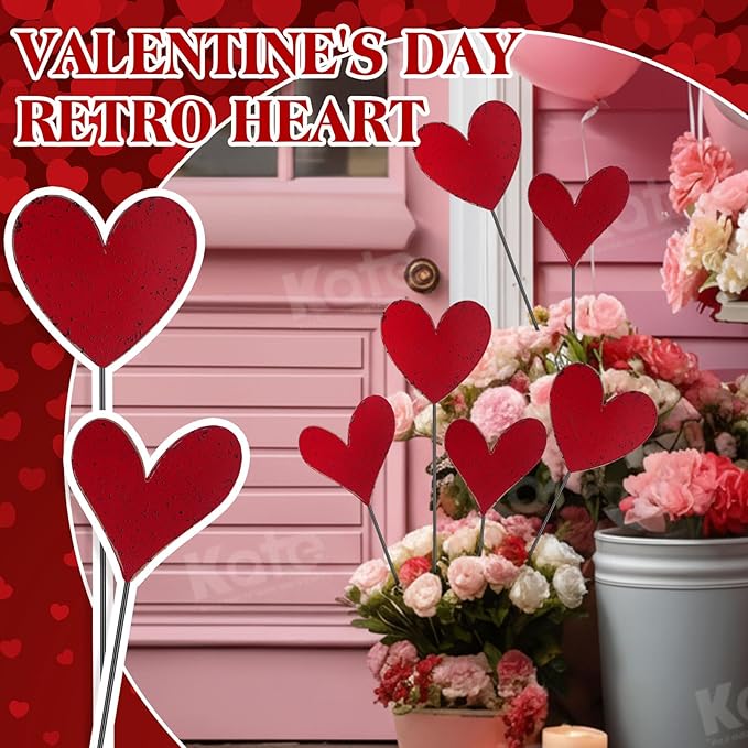 Pickmesh 6 Pcs 12" H Valentine's Day Metal Yard Sign Vintage Heart Valentine Metal Yard Stakes Barn Garden Stake for Planter Pot Walkway Pathway Outdoor Decor Lawn Decoration