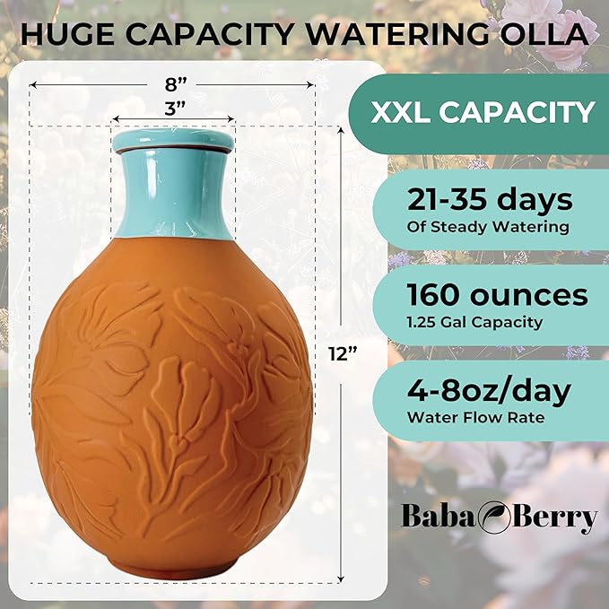 Olla for Watering Plants 160oz 1.25 Gallon XXL OYA Irrigation Clay Water Pot Self Watering Terracotta Pot
