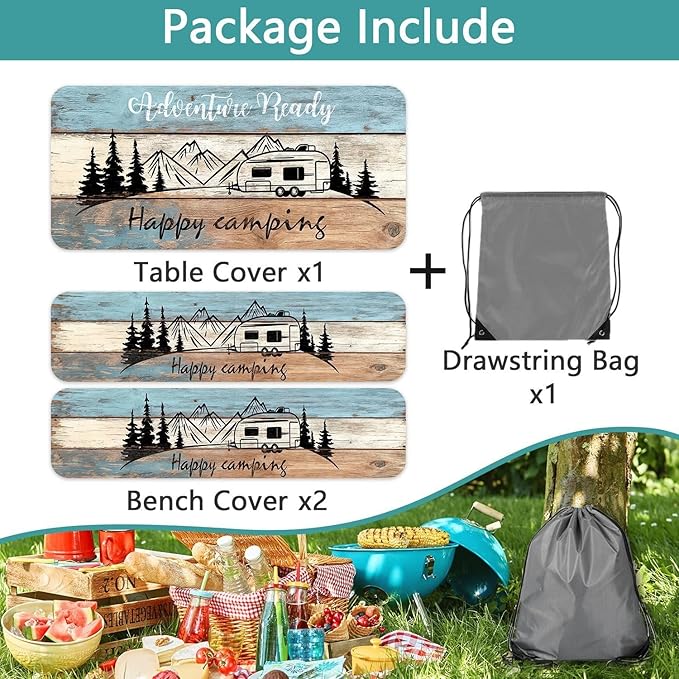 3PCS Picnic Table Cover with Bench Cover Wooden Happy Camping Tablecloth Fitted Picnic Picnic Table Cover with Elastic Windproof Waterproof, Outdoor & Garden Camping Accessories Essentials 96IN
