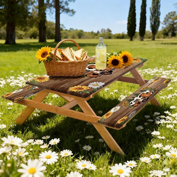 Picnic Table Cover with Bench Covers, Sunflower Wood RV Essentials Waterproof Windproof Camping Tablecloth with Drawstring Bag, for Indoor & Outdoor, Garden, Camping 3PCS, 72in, Brown