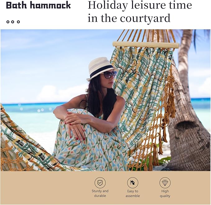 Boho Classic Hammock with Tassel,Max 500lbs Handmade,2 Person Hammock Hammock for Indoor & Outdoor, Lightweight Durable - for Patio, Porch, Backyard Lounging(Khaki)