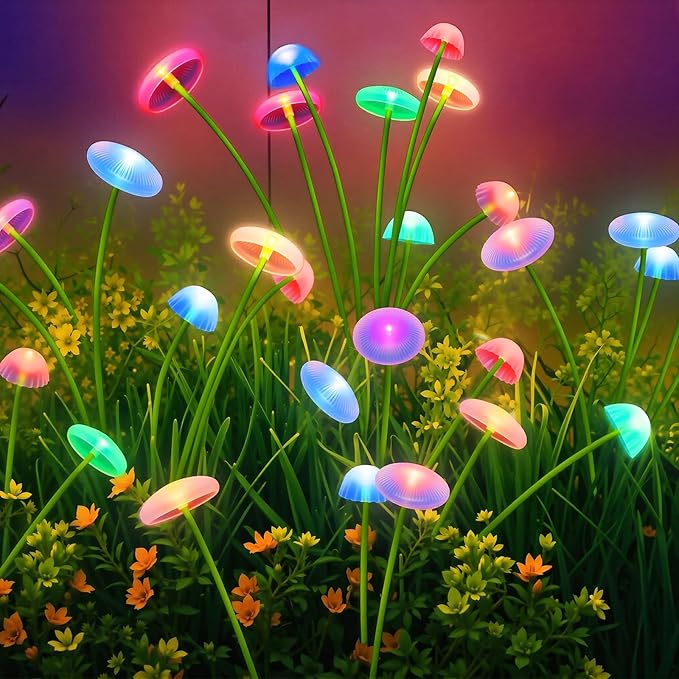 4 Pack Solar Garden Lights, 32 LEDs Swaying Mushroom Lights with 8 Lighting Modes, IP65 Waterproof Outdoor Decor for Garden, Yard, Patio, Pathway (Multicolor)