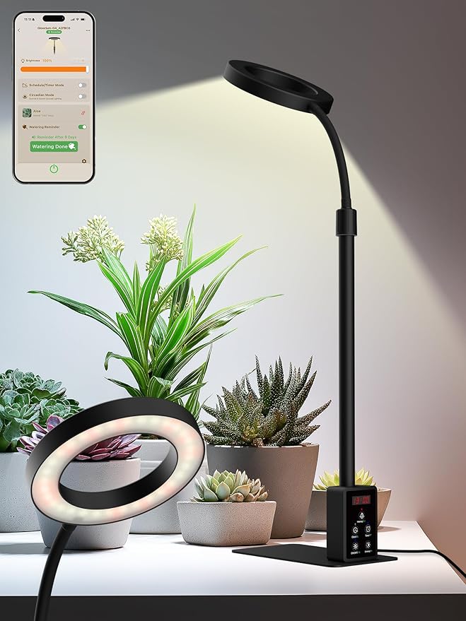 Smart Grow Lights for Indoor Plants, Plant Light with Auto-Timer, Full Spectrum LED Grow Light, Adjustable Height & Stepless Dimming,Plant Assistant Suitable for Most Plants (Black, 12W)