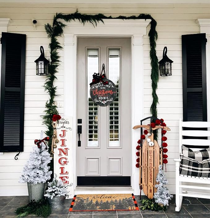 Winter Chirstmas Welcome-Doormat Outdoor-Entrance Pine-Trees Front-Door-Mat, Faux-Coir Seasonal Entryway-Rug Non-Slip Dirt-Trapping Indoor-Outside Porch Mat 17"x30" for Home Decor