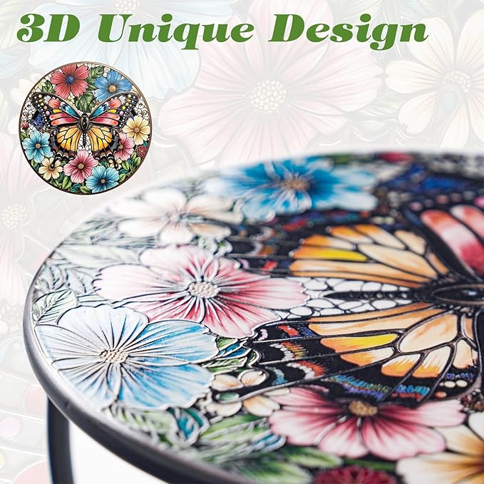 Outdoor Side Table Mosaic Patio Small End Table Metal Coffee Tea Accent Table for Patio Living Room Bedroom Yard Porch Garden (Colourful Butterflies)