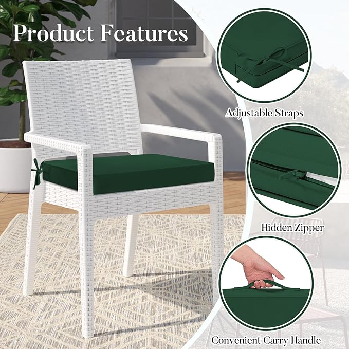 Basic Beyond Outdoor Chair Cushions for Patio Furniture, Waterproof Outdoor Seat Cushions Set of 4 18 x 18, Patio Chair Cushions Set of 4 with Ties and Handle, Forest Green