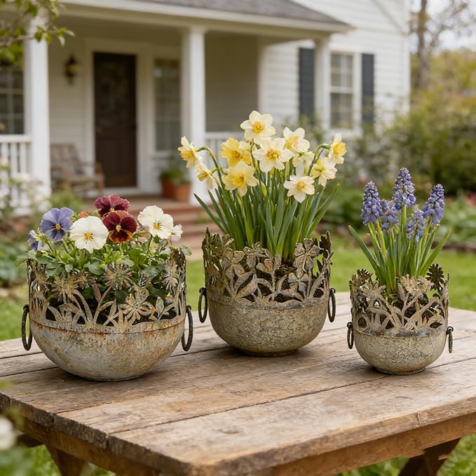 3 Piece Vintage Metal Pots Set,Rustic Distressed Garden Planter Plant Buckets with Handles Farmhouse Floral Containers for Indoor Outdoor Home Gardening Tabletop Centerpieces Wedding Decor Green