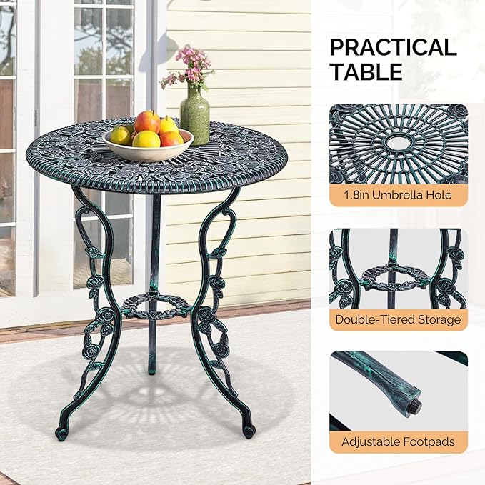 Outvita Patio Table and Chairs Set, Cast Aluminum Outdoor Cafe Table and Chairs Set of 3, Stability Patio Bistro Sets with Umbrella Hole for Garden, Patio, Balcony, Rose Pattern Bronze