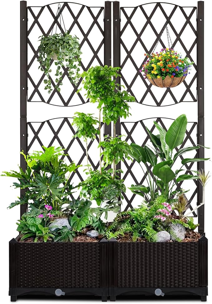 Outvita 31" x 16" x 48" Raised Garden Bed with Trellis ＆ Drainage Holes, Free-Standing Trellis Planter Box, Outdoor Floor Plant Bed for Vine Climbing Plants and Flowers in Garden Patio Balcony(Brown)