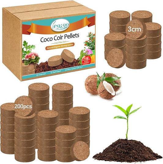 Legigo 200 PCS 30mm Coco Coir Pellets Potting Soil Mix- Compressed Coconut Coir Discs Seed Starting Soil Pellets, Coco Peat Soil Pods for Indoor & Outdoor Plants, Gardening Herbs Bonsai and Vegetables