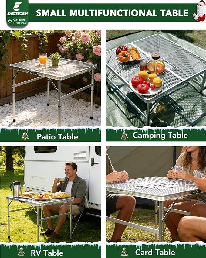 Square Folding Card Table with Adjustable Height (12" & 26"), Silver Portable Metal Mesh Table for Camping, BBQ, Picnic, Game, Patio & Indoor Use, Fits 2–4 People, Lightweight 7.6 lb, Supports 66 lb