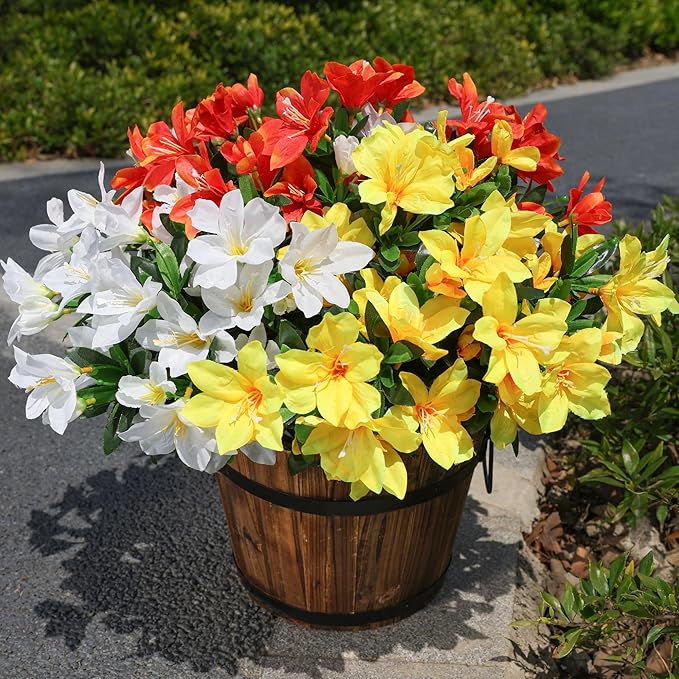 INSPRING Artificial Flowers for Outdoors, 3 Bundles Fake Silk Azalea Flower Faux Plants Outside Decoration UV Resistant Realistic Spring Outdoor Flowers for Planter Porch Patio Garden Walkways Home