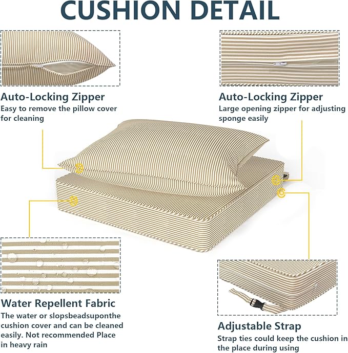 Outdoor Deep Seat Cushion Set, Water Repellent 22"x22" Patio Thick Cushions Replacement with Seat & Back Pillow for Patio Sofa, Wicker Chair, Couch - Stripe Beige