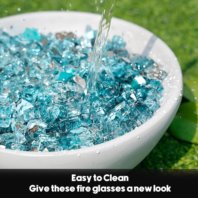 Skyflame 15 Pounds Fire Pit Glass, 1/2 Inch Aqua Blue Reflective Fire Glass for Fire Pit Table/Fireplace/Landscaping
