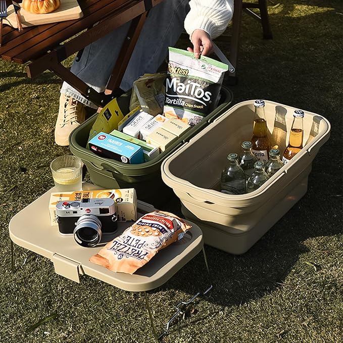 Collapsible Picnic Basket, Collapsible Picnic Basket with Handles (with Table Lid), Collapsible Garden Basket, Collapsible Harvest Basket for Camping, Beach, Hiking, and Outdoor Dining (Milky White)