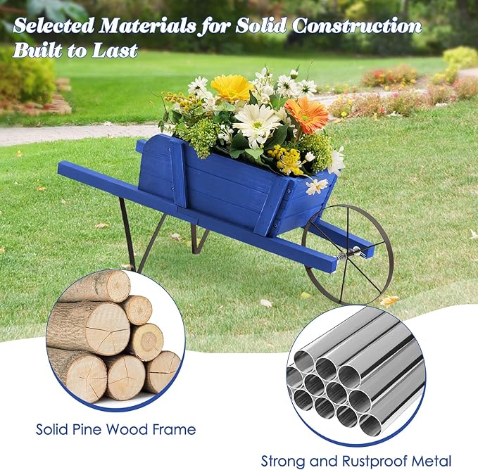 S AFSTAR Wood Wheelbarrow Planter, Small Flower Plant Pot Wheelbarrow Cart with Metal Wheel & 9 Replaceable Magnet Accessories, Wooden Wagon Planter Wheelbarrow for Outdoor Garden Backyard (Blue)