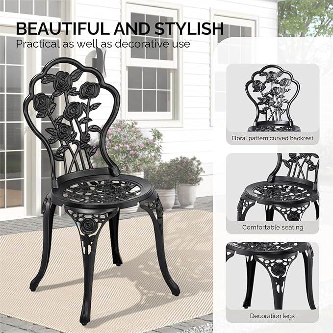 Outvita Patio Table and Chairs Set, Cast Aluminum Outdoor Cafe Table and Chairs Set of 3, Stability Patio Bistro Sets with Umbrella Hole for Garden, Patio, Balcony, Rose Pattern Black