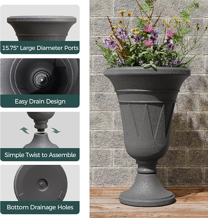 23.6" Tall Plastic Urn Planters for Outdoor Plants, Set of 2 Heavy-Duty Classic Indoor Large Flower Pots with Drainage Holes & Trophy Design, Outdoor Planters for Porch, Home Garden, Dark Grey