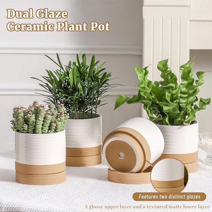 HASENSE 4.6 Inch Plant Pots, Ceramic Flower Pots for Indoor Plants, Small White Planter with Drainage Hole and Saucer, Cute Mini Windowsill Tabletop Decor, Set of 4