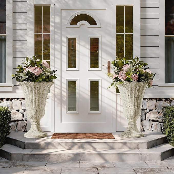 Heavy-Duty 23.6" Tall Urns Planters for Outdoor Plants - Set of 2 Water Storage Base Large Outdoor Planter for Porch, Sandblasting Process Indoor Flower Pots for Home Decor/Garden Vase, Beige