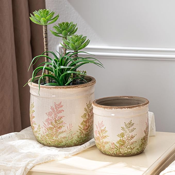 Vintage Pink and Green Ceramic Planter Set of 2, 4.7+5.7 Inch Rustic Flower Pots for Indoor Plants, Decorative Ceramic Plant Pots for Home, Living Room, Garden, Gardening Gift