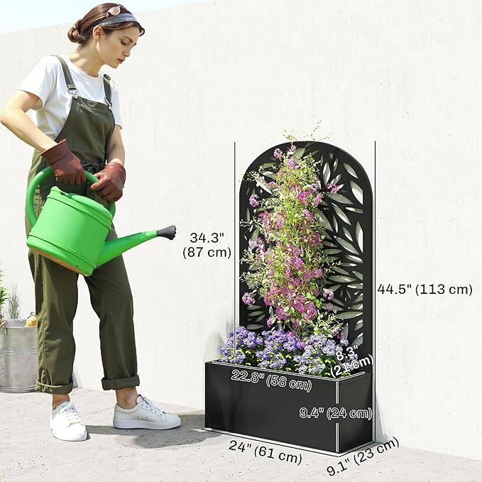 Outsunny Metal Raised Garden Bed with Trellis for Climbing Plants, Freestanding or Wall Mounted Flower Bed with Cueved Privacy Panel, Leaves Cut-Out Outdoor Planter Box for Garden, Patio, Balcony