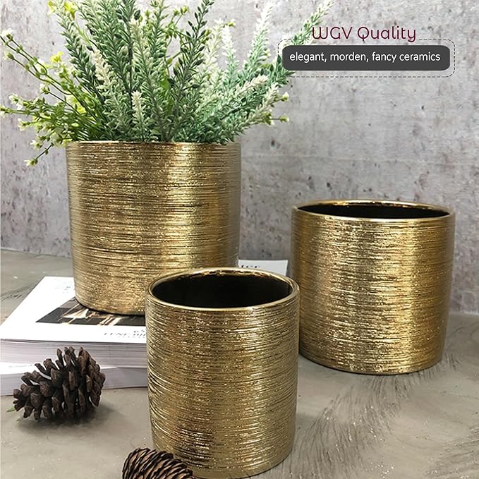 WGVI Gold Etched Ceramic Cylinder Vase Width 5.5" Height 5", Flower Arrangements, Candle Holder, Terrarium Planter Pot, Storage Container Organizer, Pen Brush Holder, Scratched Texture Design, 6 Pc