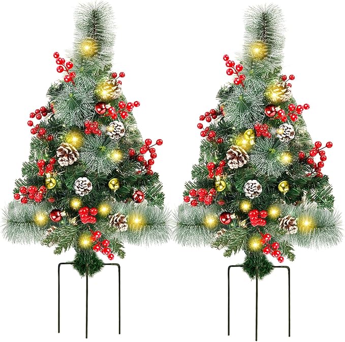 Juegoal 2 Pack 30 Inch Pre-Lit Pathway Christmas Trees, Upgrade Artificial Xmas Urn Filler with 60 LED Lights, Red Berries and Pine Cones Ornaments, Battery Operated Holiday Décor for Driveway, Yard