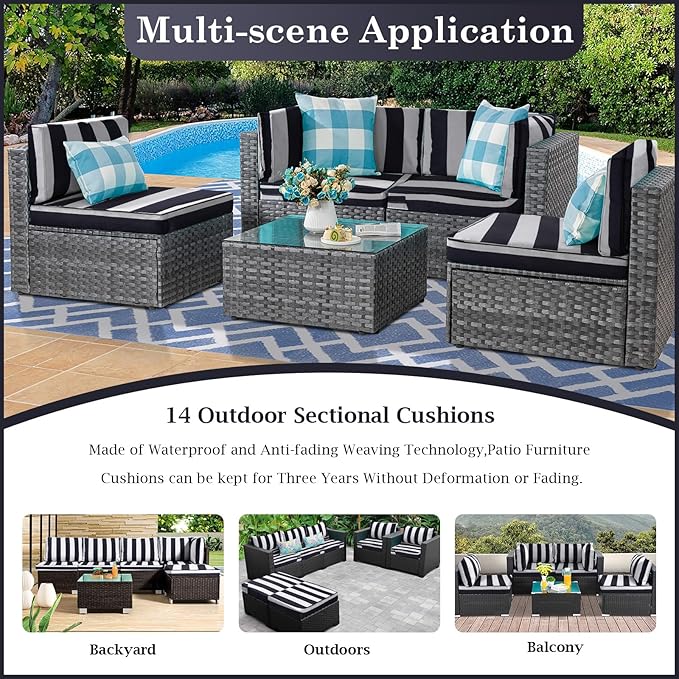 Outdoor Sectional Cushions, 4" Foam High-Density, Water-Resistant Couch Cushions Replacement Set, 14 Piece Patio Sectional Cushion for 6-Seat Sectional Patio Conversation Sets (Black white stripes)