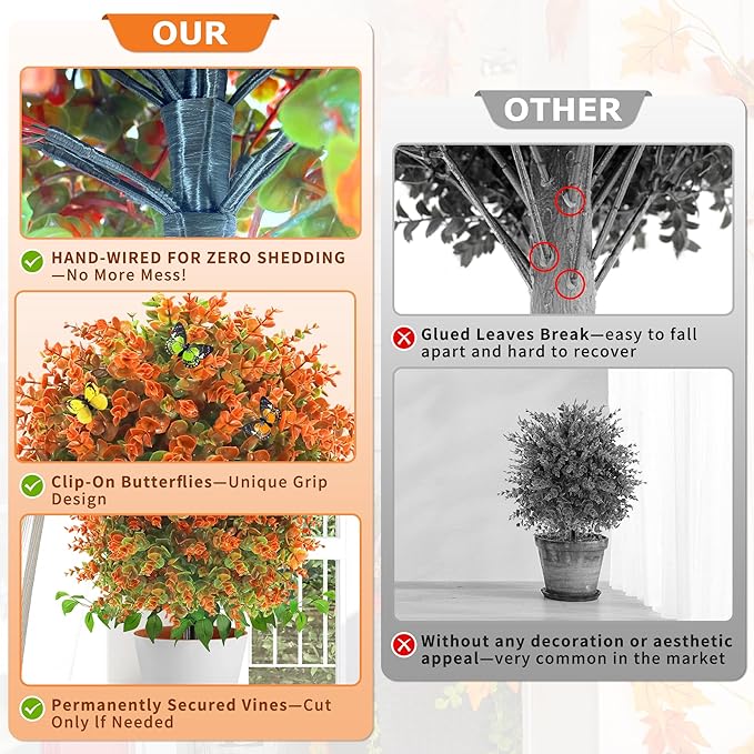 28" Artificial Fall Flower Bushes with Ground Stakes – Artificial Topiary Tree with Eucalyptus Orange Faux Floral Plants with Autumn Leaves for Outdoor Thanksgiving, Garden, Pathway, Porch Décor
