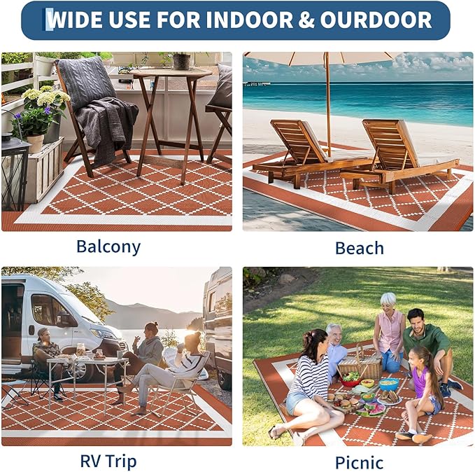 COZYLOOM Outdoor Rug Waterproof 10x14 Reversible Patio Rugs, Extra Large Modern Geometric RV Camping Rug, Indoor Outdoor Plastic Straw Mat for Deck, Picnic, Beach, Garden, Porch, Terracotta
