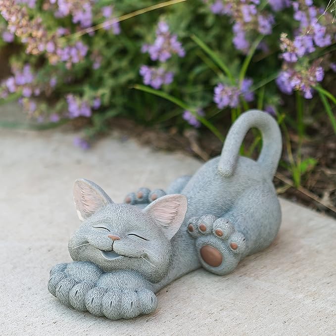 JFSM INC. 12" Whimsical Lounging Grey Cat Garden Statue - Indoor Outdoor Relaxed Zen Cat Sculpture - Garden Decorations for Patio Yard Lawn Porch