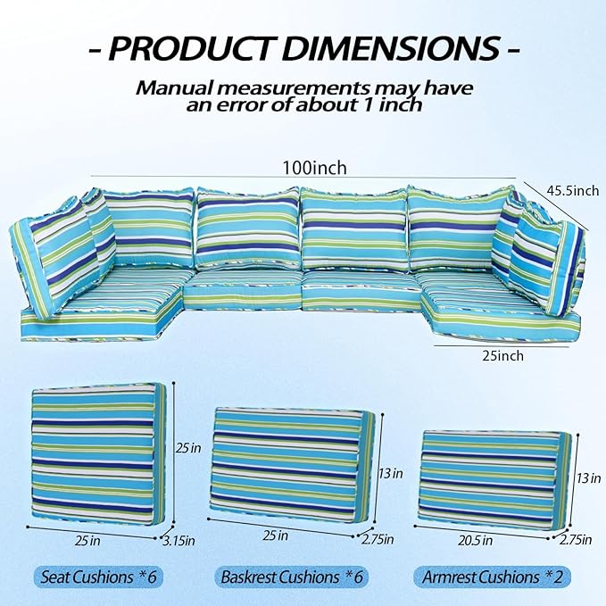 Patio Furniture Cushions,14Pieces Water-Resistant Outdoor Replacement Cushions,Sectional Sofa Cushions for Fits 6-Seats Rattan Wicker Patio Conversation Sets(Aurora Colours)