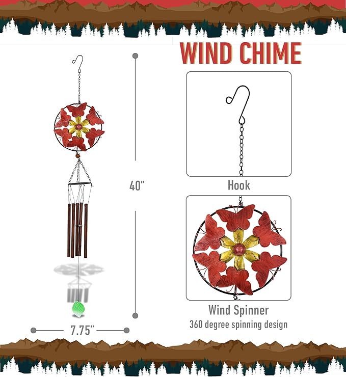 CoTa Global Red Butterflies Hanging Metal Wind Spinner Wind Chime - Relaxing Harmonic Indoor or Outdoor Wind Spinner for Yard, Garden, Porch Patio, Beautiful Unique Art Ornament Mobile - 40 Inches