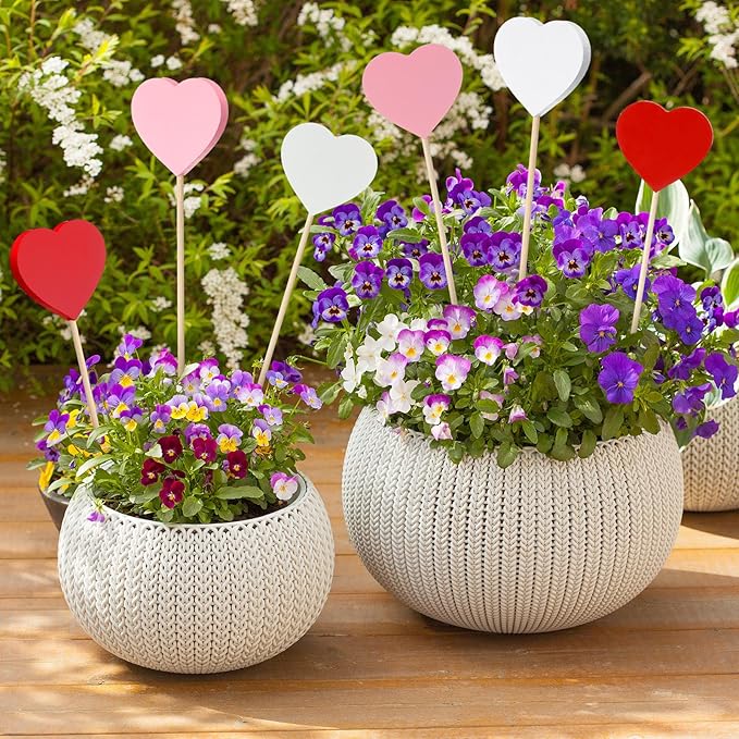 6 Pcs Wooden Valentine's Day Heart Garden Stakes Yard Decoration Heart Planter Stakes Sign Outdoor Decor Stick Lawn Garden Home Yard Decor for Valentine's Anniversary Wedding