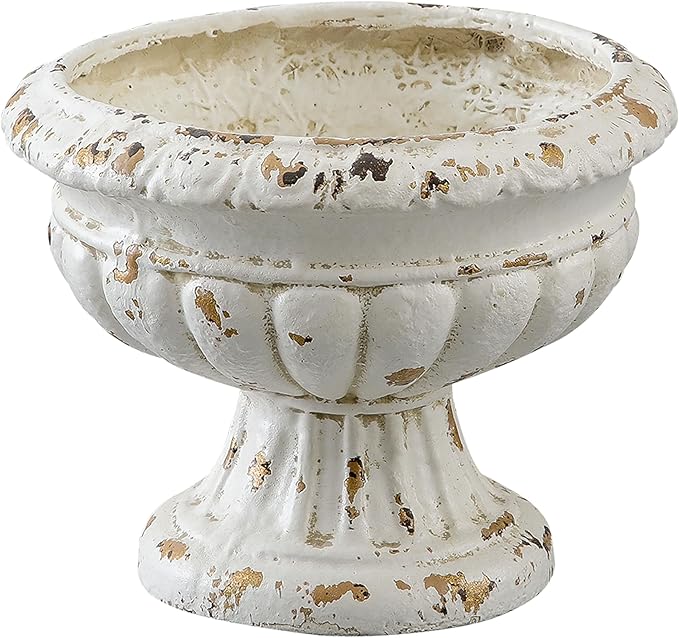 SOFE Vintage Large Pedestal Vase, 11 Inches Tall Front Porch Garden Planters, Resin Compote Vase, Distressed White Flower Pot, French Country Home Decor