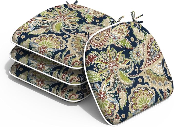 Outdoor 16"x17" Chair Pads Set of 4, Water Resistant Patio Chair Cushions with Ties, Seat Cushions for Home Garden Furniture Decoration, Paisley Sapphire Blue